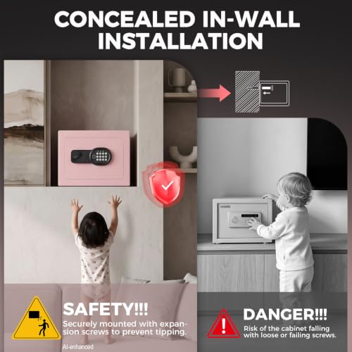 ANBEGE Mini Biometric Safe Box for Home, 0.44 Cu Ft Small Fingerprint Safe with Keypad & Keys, Steel Personal Security Safe with Magnetic Light, for Jewelry, Cash, Passport, Medication, Light Pink