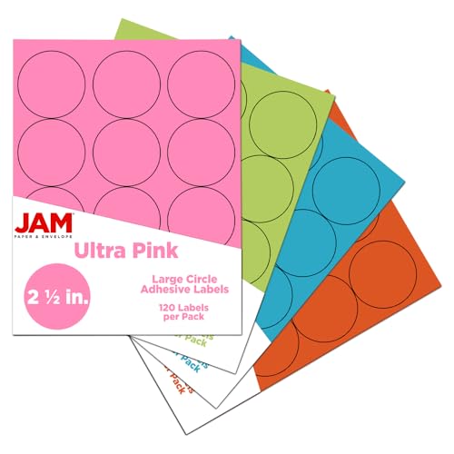 JAM PAPER Circle Label Sticker Seals - 2 1/2 Inch Diameter - Assorted Fashion Colors - 4 Packs of 120 Colorful Labels - 480 Circular Labels Total