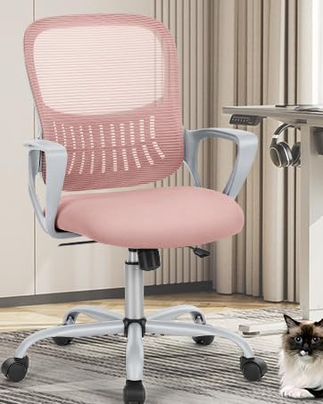 KMFurnila Mesh Office Chairs Managerial Executive Chair, Ergonomic Mid-Back Swivel Computer Desk Chair with Wheels, Comfortable Lumbar Support Comfy Arms for Home Bedroom Study Student, Pink