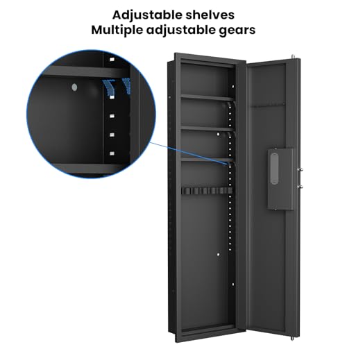KEIKI 53" In Wall Gun Safe Rifles Adjustable Shelves, Digital Touch Panel Steel Cabinet w/Retractable Handle, Dual Alarm Quick Access Long Gun Defense Secure Storage for Firearm Valuables, Black