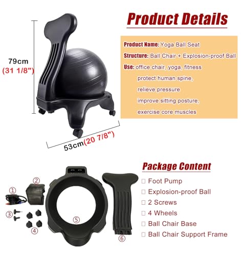 Home Gym Balance Ball Chair with Back Support, Adults Office Exercise Ball Chair, Rolling Balance Posture Chair, Anti-Burst Gray Yoga Ball, Base & Pump