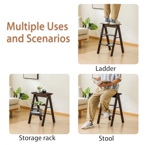 Latifolia Foldable 3 Step Ladder, Bamboo Step Stool with Floor Saver, Decorative Ladder Shelf for Living Room, Kitchen, Garden(Dark Walnut)