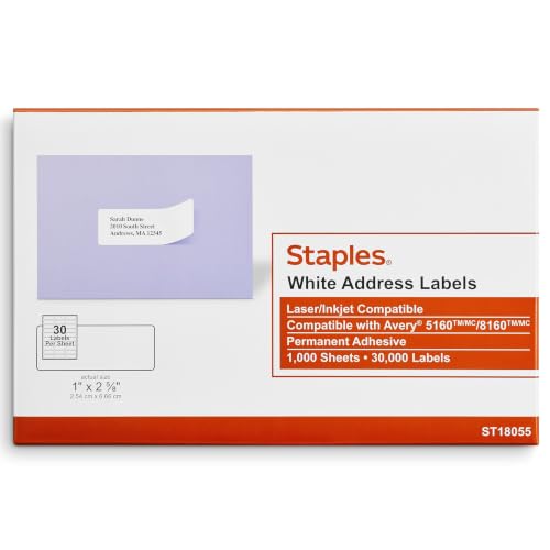 Staples Laser & Inkjet Address Labels, 1x2.625 Inch, White, 30/Sht
