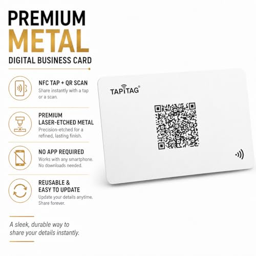 TAPiTAG Metal Digital Business Card - NO Subscription Required - Contactless Laser-Etched NFC Smart Card with QR & Dynamic Online Profile for Premium Networking Events (White)