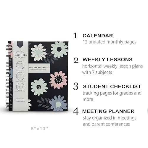 Undated Teacher Planner 8” x 10” Hardcover Spiral – Weekly & Monthly Lesson Planner, Classroom Organizer for Teachers, 12-Month Undated Calendar, 7 Subject Lesson Plans, Student Checklists, Meeting & Goal Planning Pages (FLORAL)
