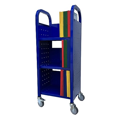 Workington Single Bank Rolling Book Truck Book Cart with 3 Flat Shelves, Library Book Cart with Swivel Lockable Casters 3000 Blue