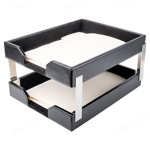 Dacasso Black Bonded Leather Front-Load Double Letter Tray Set w/Silver Stacking Posts - Luxury Executive Decor and Office Essential - Desk Surface Protector