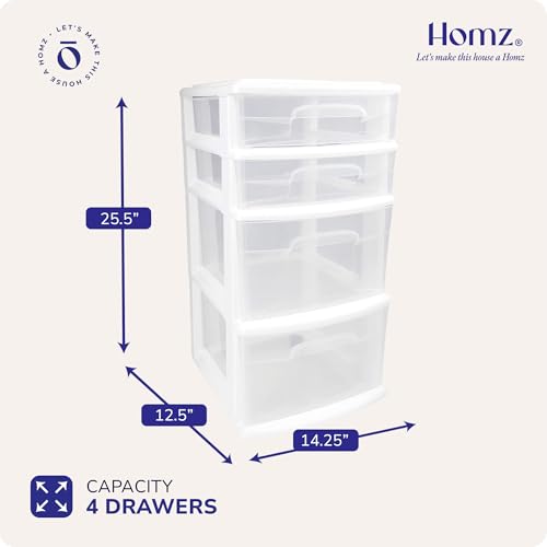 HOMZ Drawer Tower, 4-Tier Storage Cart with Removable Wheels, White Frame