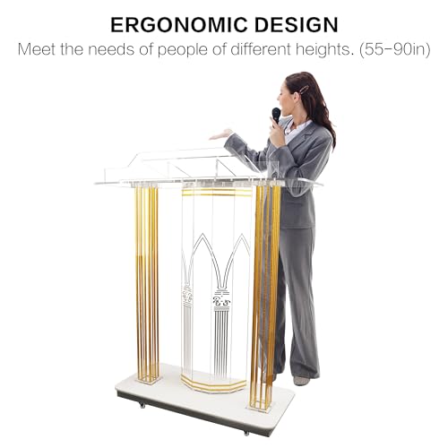 Church Pulpit,Acrylic Pulpit with Wheels,Golden Pattern Design,Led Acrylic Podium with Vertical Reading Platform, 46”Transparent Lecterns for Churches, Classroom (39.3”L*15.7”W *45.6”H)