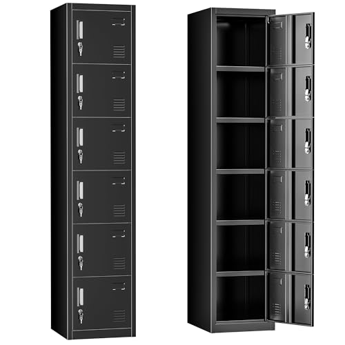Greenvelly 72" Locker, Metal Lockers for Employees with 6 Doors and Keys, 6-Tiers Black Lockable Steel Storage Locker for Gym,School,Office,Sports,Card Slots,Vents