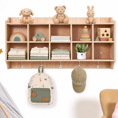 Chic Muse Cubby Storage Organizer Cubes, Daycare Shelves with 10 Cubbies Shoe Layer with Hooks and Shelf, Hanging Wall Mount, Heavy-Duty Plywood Daycare Furniture for Kids Toys, Classroom, 47" Width