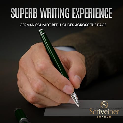 Scriveiner British Racing Green Rollerball - Stunning Luxury Pen With Chrome Finish, Schmidt Ink Refill, Best Roller Ball Pen Gift Set for Men & Women, Professional, Executive Office, Nice Pens