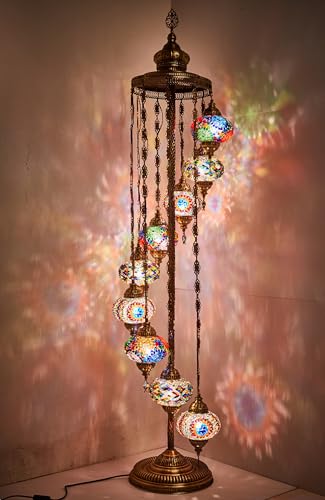 DEMMEX Turkish Moroccan Mosaic Floor Lamp, 9 Globes, 6ft Tall – Tiffany Style Decorative Standing Lamp with Colorful Globes for Bedroom, Living Room, Entryway – Handmade in Turkey, Multicolor