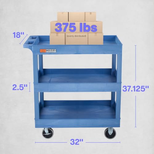 Luxor Three Shelf Heavy Duty High Capacity Tub Cart with Handle - 18"D x 35.25"W x 37.25"H, Plastic, Blue