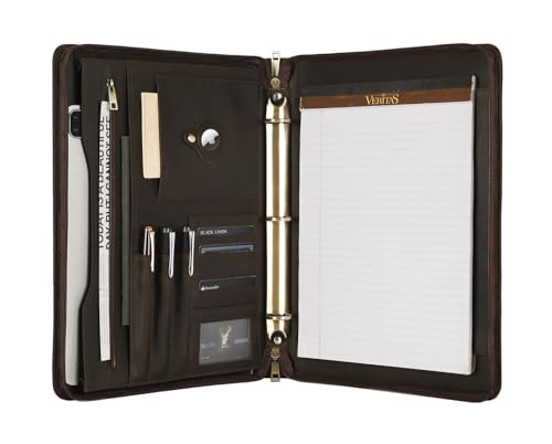 Leather Portfolio Binder 3 Ring, A4 Notepad Padfolio for Men, Work Portfolio, Dark Khaki