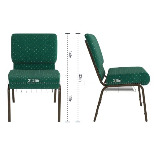 Flash Furniture HERCULES Series 21''W Church Chair in Hunter Green Dot Patterned Fabric with Book Rack - Gold Vein Frame