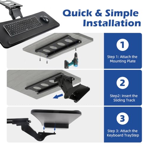 Under Desk 25” Keyboard Tray with Drawer, Height Adjustable for Home Office