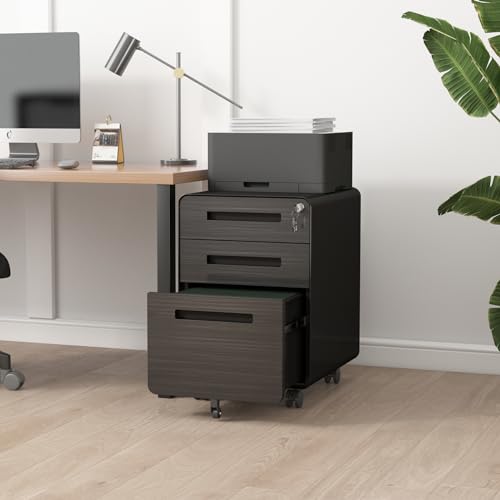 soges 3 Drawer Mobile Metal File Cabinet with Lock, Versatile Filing Cabinet Under Desk for Legal/Letter/A4 Storage, Full Assembled Except Casters, for Home Office (Wood Black)