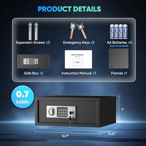 Digital Electronic Money Safe, 0.7 Cubic Feet Safe for Home, Steel Safe Box with Shelf & Keypad & Keys for Documents Valuables, Personal Safe for Office and Hotel, 16.9''W x 14.6”D x 7"H