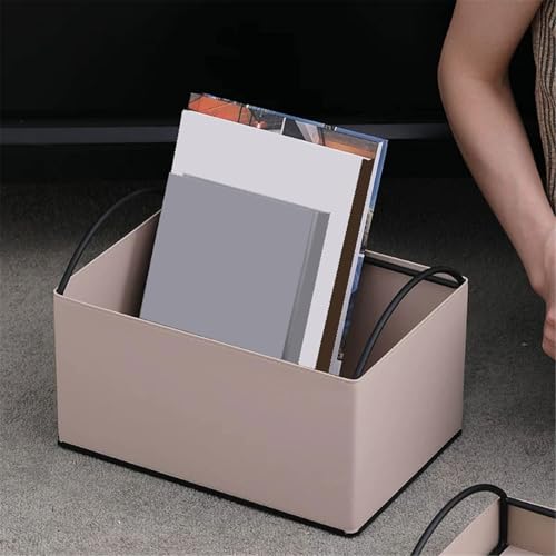 7UOYVBLNRSJM Bookshelf Iron and Leather Multipurpose Books Storage Box with Handles Record Organiser Crate(Black)