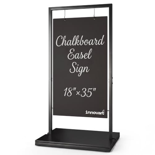 INNOVART Chalk Board Easel Sign, Sidewalk Sign 35" x 18" with Display Shelf,Free Standing Chalkboard Easel,Double-Sided Hanging Outdoor Chalkboard Sign for Café Bar, Bistro, Florist or Wedding