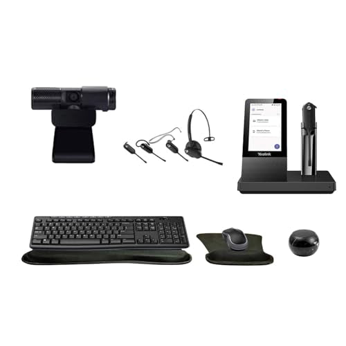 Yealink WH67 Mono Bluetooth Headset with Multitouch Console Bundle with Cam 313 2MP Webcam, MK270 Wireless Keyboard and Mouse, Mini Speaker, Gel Wrist & Mouse Pad