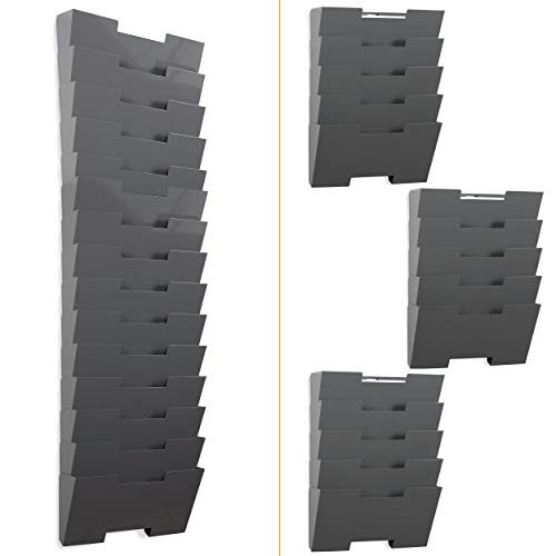 Wallniture Lisbon 15-Tier Wall Mounted File Holder and Desk Organizer, Metal Gray Office Organization and Storage Rack
