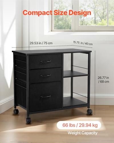 VEVOR Metal File Cabinet, Mobile Filing Cabinet with 3 Fabric Drawers and 2 Open Shelves, Wooden Vertical Filing Storage Cabinets with Wheels for Letter, A4, Legal Size File, Easy Assembly, Black