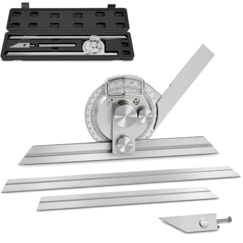 Hyeqs Universal Bevel Protractor, 0-360 Degree Stainless Steel Adjustable Angle Measuring Tool, with Magnifier and Fine-Adjustment Knob, for Internal and External Angle Measurement.