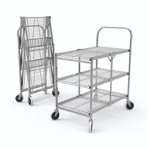 Luxor WSCC-3 Three-Shelf Collapsible Wire Utility Cart, Push Heavy Duty, 4" Thermoplastic Rubber Casters Two with Locking Brakes,Holds 300 lbs. and Folds Up for Storage, 37"W x 18.25"D x 30.5"H