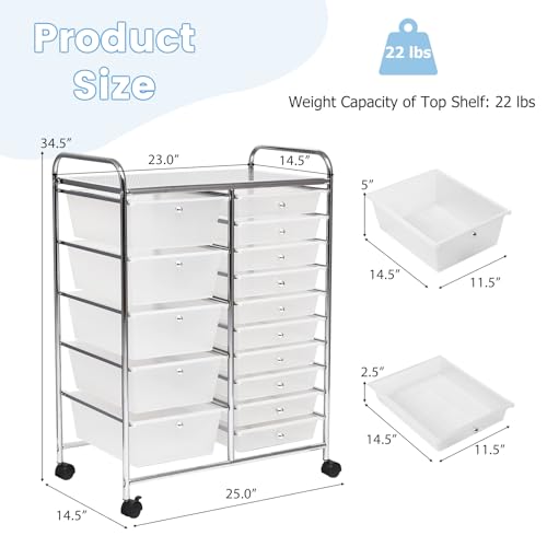 DREAMADE Rolling Cart with 15 Drawers, Clear Plastic Drawer Organizer w/Lockable Wheels, Removable & 2-Sized Storage Drawers, Art Cart for School Home Art Supplies Crafts File Scrapbook (Transparent)