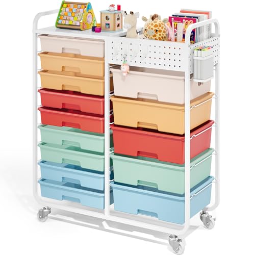 14 Drawer Rolling Storage Cart with Tabletop and Pegboard for Craft Color