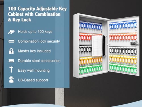 Barska 100 Position Combination Key Lock Box – Wall Mount Steel Key Cabinet with Adjustable Numbered Hooks, Index Log, Colored Tags for Office or Business- Key box wall mount - Key locker - Storage