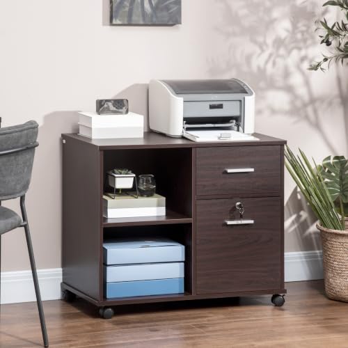Vinsetto Lateral File Cabinet with Wheels, Mobile Printer Stand with Open Shelves and Drawers for A4 Size Documents, Walnut