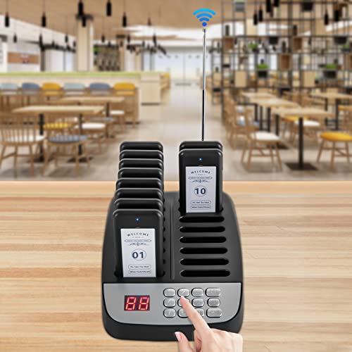 Restaurant Pager System, Wireless Guest Customer Service Calling System, 10 Pagers and 16 Charging Slots, Display Screen, Buzzer, Vibration and Flashing Modes, for Restaurant, Snack Bars