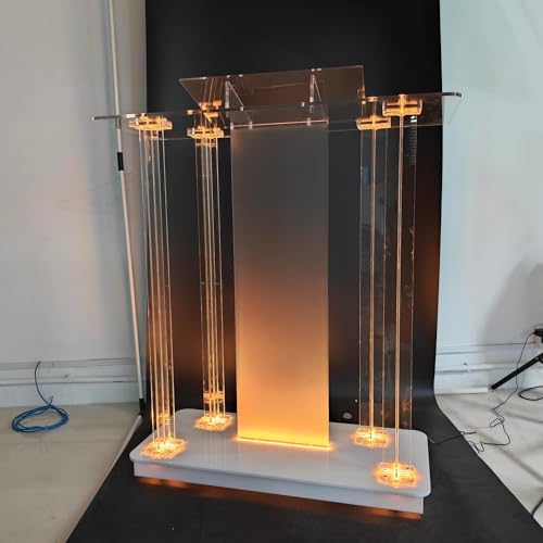 Mecpramy Church Pulpit with Wheels,Church Podium with Led Light,Acrylic Church Podium with Rollers& Vertical Reading Platform, 46”Elegant Transparent Lecterns for Churches Entrance, Classroom