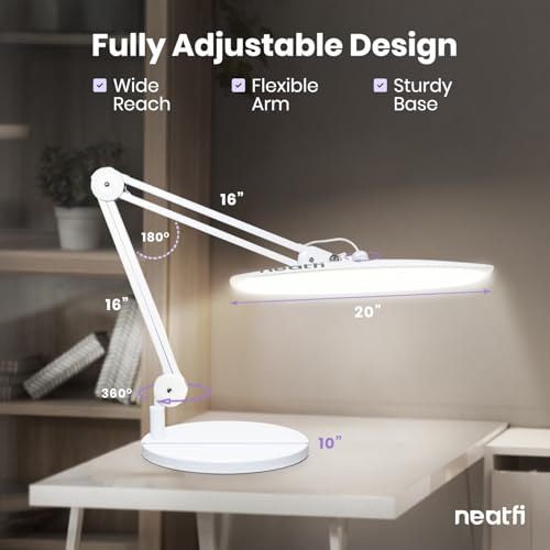 Neatfi LED Desk Lamp with Base, 2200 Lumens, 24W, 20-Inch Wide Head (White)