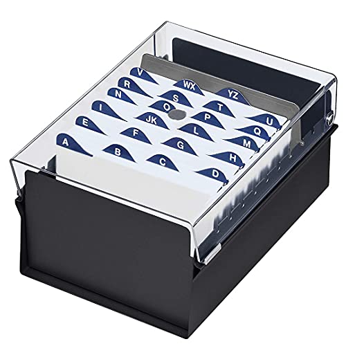 Acrimet 4 x 6 Card File Holder Organizer Box Metal Base Heavy Duty (AZ Index Cards and Divider Included) (Black Color with Clear Crystal Plastic Lid Cover)