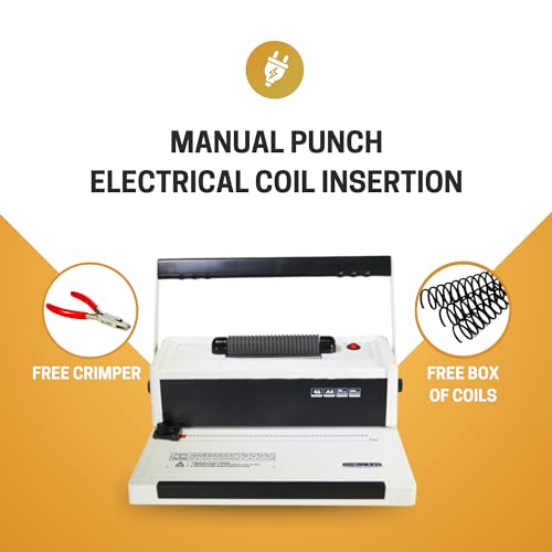Coilbind S20 Spiral Coil Binding Machine for Office – Heavy Duty Hole Punch Electric Coil Inserter – Adjustable Margins – Clean Binding - Free Crimper Tool & 100 Coils – 4:1 Pitch – 20 Sheet Capacity