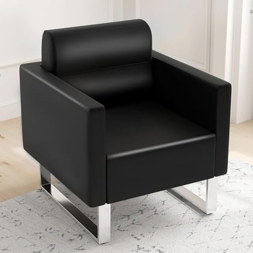 LUCKYERMORE Waiting Room Chairs Office Guest Reception Chair Black Faux Leather Accent Chairs Lobby Chairs W/Arm Sofa Barrel Salon Club Chair Heavy Duty Hold Up to 400LBS