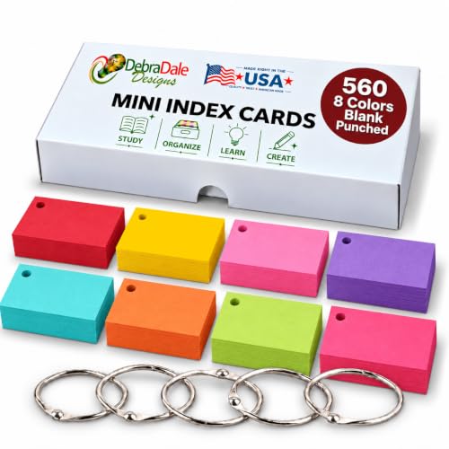 560 Bright 8 Assorted Colors Mini Flash Cards, Hole Punched, 2" x 3.5"