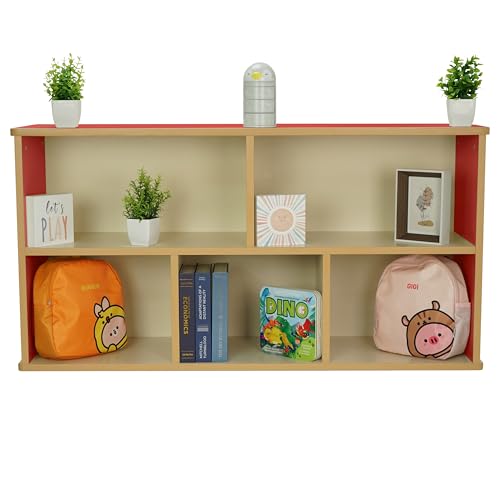 FDP Laminate 5-Compartment Storage Cabinet 24 inch Height Organize Books, Toys, Games, Art Supplies, Durable, Sturdy Furniture for Home, Daycare, Preschool, Classroom - Almond/Red, 13886-ALRD