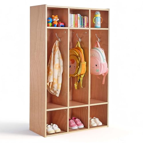 VEVOR 3-Section Coat Locker, Kids Lockers with 6 Hooks & Non-Slip Mat, Classroom Cubbies for Daycare, Home, Kindergarten- Natural