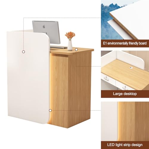 LLZJDDPLY Reception Desk with LED Lights, Front Desk with Lockable Drawer, Modern Receptionist Desk for Supermarket Convenience Store Hotel Lobby(White,80cm/31in)