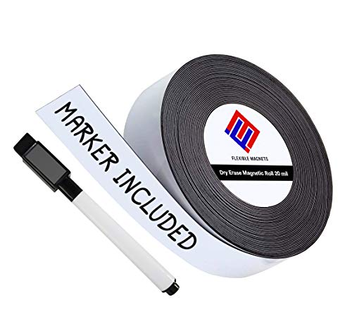Dry Erase Magnetic Strips - Roll of Writable Whiteboard Magnets - Writable Flexible Magnet - Name Plates - Magnetic Labels- Dry Erase Name Tags - Marker Included (4 Inch x 200 Feet)