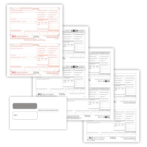 ComplyRight W-2 Tax Form Set with 6-Part, 2-Up Copy A, B, C, D, 1 & 2, Gummed-Seal Envelopes, Set for 100 Employees, Tax Preparer Supplies