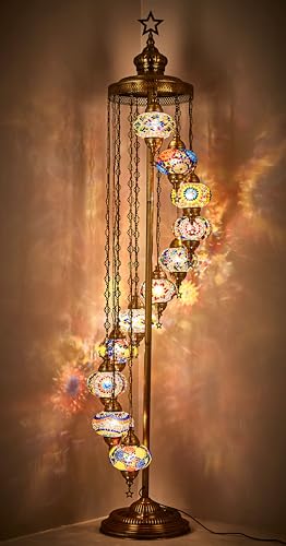 DEMMEX 11 Globe Turkish Moroccan Mosaic Floor Lamp, 7ft Tall - Tiffany Style Standing Decorative Boho Lamp with Colorful Globes for Bedroom, Living Room, Entryway – Handmade in Turkey, Multicolor