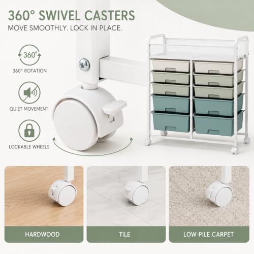 10-Drawer Rolling Cart with Wheels, Storage Organizer with Mesh Top Shelf