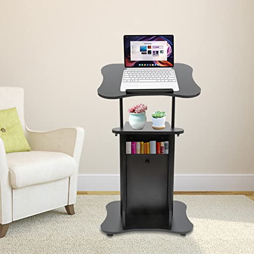 Mobile Laptop Cart Podium Presentation Stand,Adjustable Height Laptop Stand,Portable Podium Church Pulpit Desk Presentation Lectern Rolling Standing w/Storage Cabinet on Wheels (w/Sliding Door)