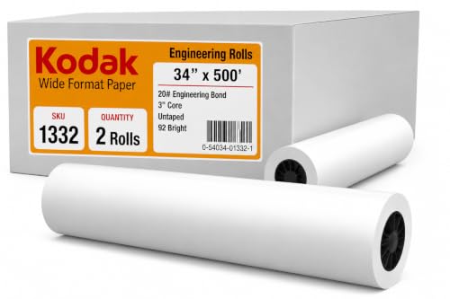 KODAK Wide Format Paper 34 x 500 FT 20# Engineering Bond, 3" Core, 2 Rolls/Ctn